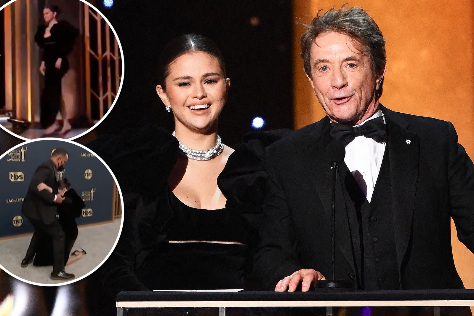 After tripping on the red carpet, Selena Gomez discarded her shoes while presenting an award alongside Martin Short at the 2022 SAG Awards.